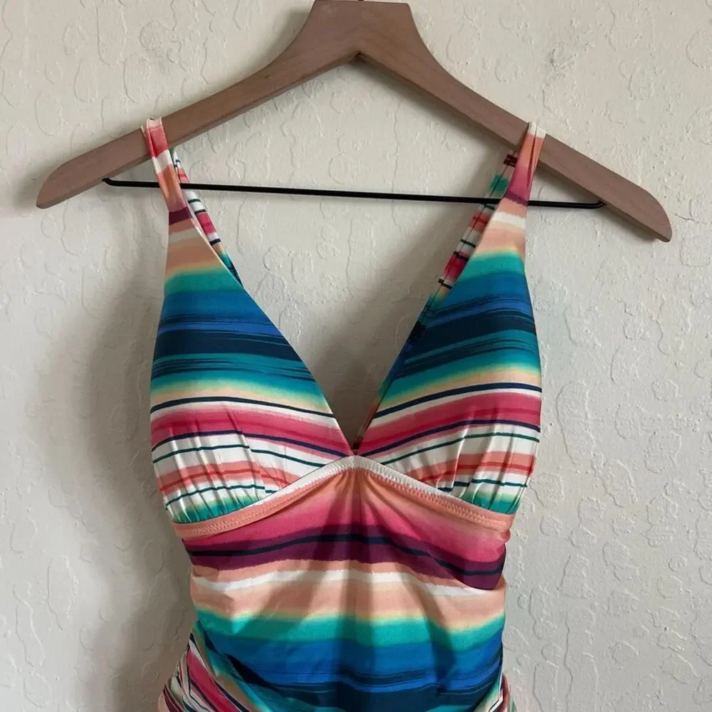 La Blanca Mio One Piece Tie Back Ruched Swimsuit US 10 Colorful Solar Stripe